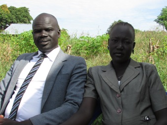 Noami Nyantoc and her husband, Makuei Ruot Gang, at Kiryandongo resettlement camp in Uganda on 9 December 2014 (ST)