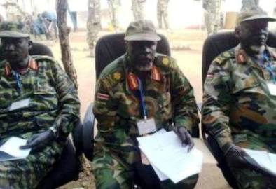 SPLA in Opposition generals Gatwech Dual (R), Dau Aturjong (C) and Gabriel Tanginye pictured in Pagak on 8 December 2014 (ST)