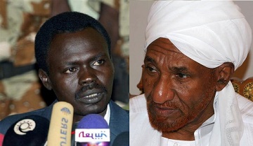 Leader of the National Umma Party al-Sadiq al-Mahdi (R) and head of the Sudan Liberation Movement (SLM) faction Minni Minnawi (L)