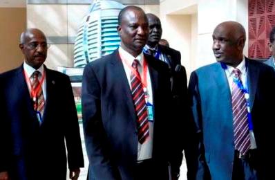 Taban Deng Gai, head of delegation of the armed opposition faction led by the former vice-president Riek Machar, and the three mediators arrive to attend a special consultation meeting in support of the IGAD-led South Sudan peace process in Khartoum on 12 January 2015 (Photo: Reuters/Mohamed Nureldin Abdallah)