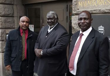 A photo extended to Sudan Tribune by the SPLM-N showing the group's chairman Malik Agar (C), its secretary general, Yasser Arman (L), and Gen. Gagod Mukwar in Stockholm on 23 May 2015.