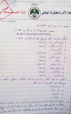 صورة تداولها الصحفيون في مواقع التواصل الاجتماعي لخطاب صادر من جهاز الأمن يحوي أوامر مصادرة الصحف
