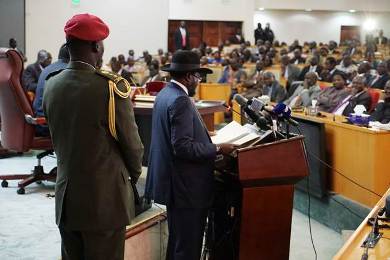 President Salva Kiir Mayardit speaks to the National Legislature on the occasion of the inauguration of the three years extension of his mandate, on July 8, 2015 (Photo Moses Lomayat)
