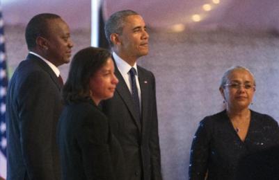 President Barack Obama, third from left, stands before the playing of the National Anthem during a state dinner at State House, on Saturday, July 25, 2015, (AP Photo/Evan Vucci).