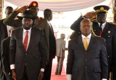 President Salva Kiir and Uganda's President Yoweri Museveni arrive at John Garang's Mausoleum in Juba to celebrate South Sudan's 4th Independence Day  (Photo Reuters)