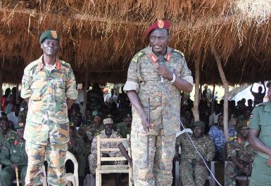 Undated picture released by the SPLM-N on 16 October 2015 showing the SPLA chief of general staff Gen. Gagod Mukwar speaks in a meeting in a rebel controlled area