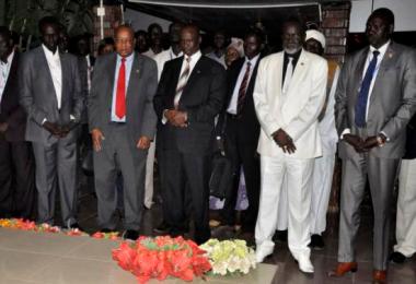 A team of rebel officials and government pay their respects to the late SPLM founder John Garang at John Garang's Mausoleum in South Sudan's capital Juba, December 21, 2015. (Photo Reuters/Jok Solomun)