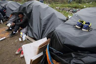 An Erythrean migrant sits outside his makeshift shelter somewhere in the woods, close to a chemical factory in Calais, northern France, Sept 5, 2014 (Photo Reuters/Pascal Rossignol)