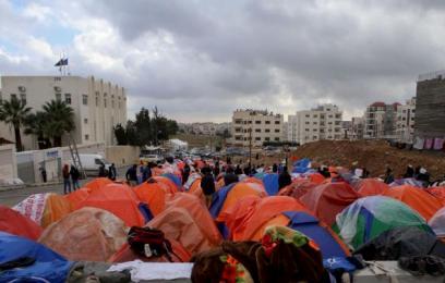 Sudanese tents are pitched outside the U.N. refugee agency headquarters in Amman, Jordan to press demands for resettlement to a third country, on December 2, 2015 (Photo AP/Raad Adayleh)