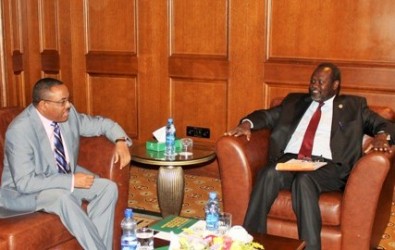 SPLM-IO Chairman and First Vice-President designate, Riek Machar Teny-Dhurgon, meets Ethiopian Prime Minister and Chairman of IGAD, Haile Mariam Desalegn, Addis Ababa, August 17, 2015 (ST Photo)