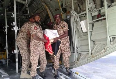 Sudanese soldiers carry the coffin of Haytham al-Tayeb, the first Sudanese soldier to die in Yemen at Khartoum airport on Friday January 29, 2016 (ST Photo)