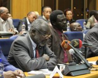 JEM leader Gibril Ibrahim (C) speaks at the opening session of Darfur negotiations flanked by SLM-MM leader Minni Minnawi in Addis Ababa on 23 November 2014 (Photo courtesy of AUHIP)