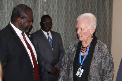 Leader of SPLM in Opposition, Riek Machar, meets USAID coordinator, Gayle Smith , Addis Ababa, 31 January 2016 (ST photo)