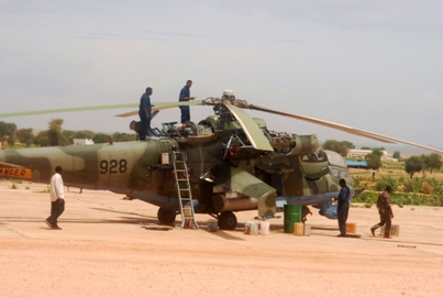 A Russian-supplied Mi-24 attack helicopter deployed bythe Sudanese army to El Geneina airport from Nyala, Darfur (File photo/ Amnesty International)