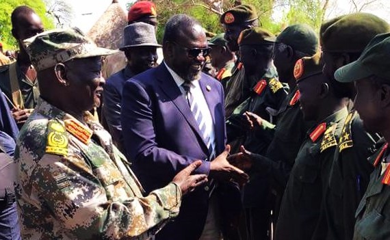 S Sudan's FVP designate Riek Machar, arrives in his General Headquarters, Pagak. He was received by SPLA-IO's Chief of General Staff, 1st Lt. Gen. Simon Gatwech Dual, 12 April, 2016 (courtesy photo of SPLM-IO)