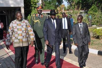 President Salva Kiir walks his First Deputy Riek Machar and Vice-President James Wani on 26 April (Photo Moses Lomayat)