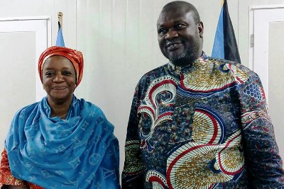 Zainab Hawa Bangura, the UN special envoy on sexual violence in conflict (left) during a meeting with South Sudan’s First Vice-President Riek Machar (UNMISS photo)