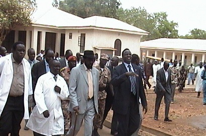 President Kiir (center) with Health Minister Monytuil (right) tour Juba Teaching Hospital after the opening ceremony on 6t March 2008. (ST File Photo)