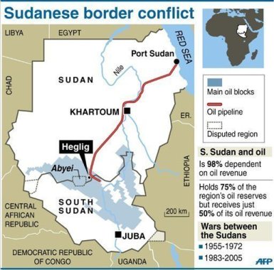 خارطة من وكالة الأنباء الفرنسية تظهر المناطق المتنازع عليها في أعالي النيل وجنوب كردفان وجنوب دارفور