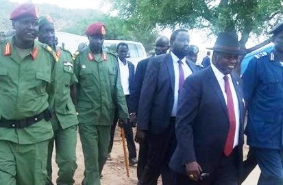 First Vice President, Riek Machar, accompanied by SPLA-IO officers, Juba, 27 May, 2016 (ST Photo)