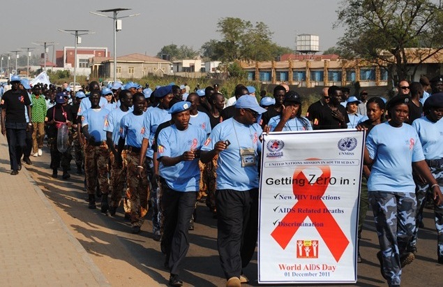 South Sudanese take part in an anti-Aids march in Juba on 1 December 2011 sponsored by the UNMISS