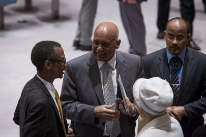 Omer Dahab Fadul Mohamed (C), Sudan's Permanent Representative to the UN, and his deputy Hassan Hamid Hassan (left), at the Security council meeting on June 29, 2016 (UN Photo)