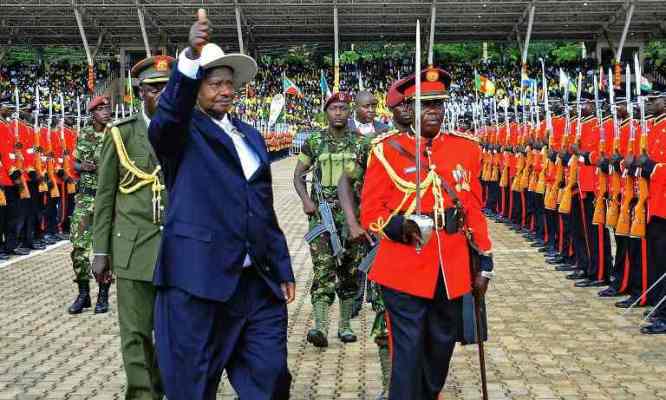 Ugandan President Yoweri Museveni gestures during his inauguration in Kampala on 12 May 2016 (Photo AFP)