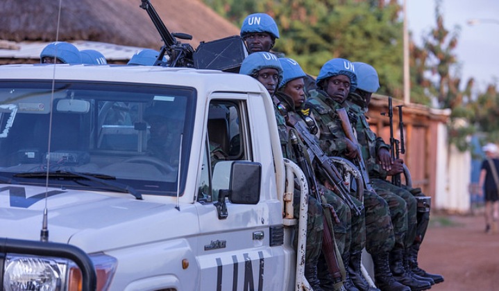 UNMISS troops escorting the visiting UNSC delegation (invisible) after its arrival in Juba on 2 September 2016 (UNMISS photo)