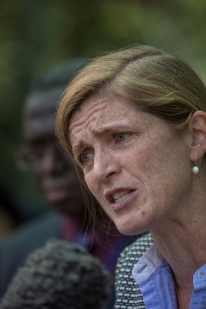 U.S. Ambassador to the United Nations Samantha Power speaks to reporters after a meeting with the South Sudan's cabinet on 3 September 2016 (UNMISS Photo)