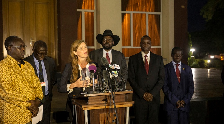 U.S. Ambassador Samanta Power speaks to the press following a closed door meeting with President Kiir, announcing an agreement on the deployement of protection force on 4 September 2016 (UNMISS Photo)
