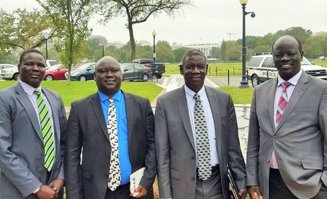 SPLM-IO dispatched team to the United States led by Ambassador Stephen Par Kuol (blue shirt). Others include Henry Odwar (middle), Goi Joyool (R) and Reath Muoch (L), Washington DC, October 5, 2016 (Courtesy photo of SPLM-IO)
