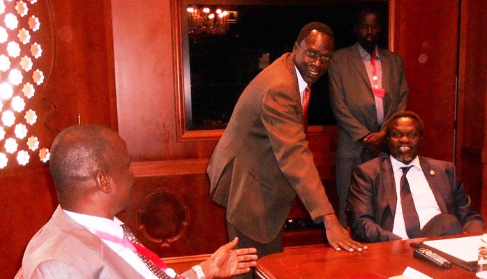 James Dak (C) with his boss Riek Machar (R) and current FVP Taban Deng Gai in Addis Ababa during the peace talks in 2014 (Dak's Facebook page)