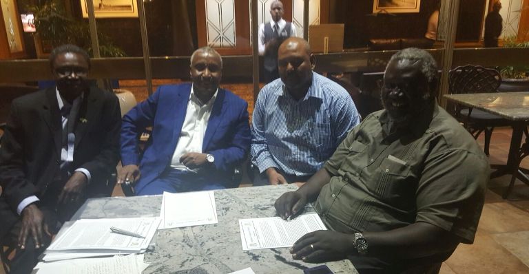 From the right to the left, SPLM-N Chairman Malik Agar (R) SCoP delegate Ihab Al-Sayed al-laythi SPLM-N SG Yasir Arman and the SPLM-N’s representative in South Africa Saber Abu Saadia pose for a joint picture in Pretoria on 14 November 2016 (ST Photo)