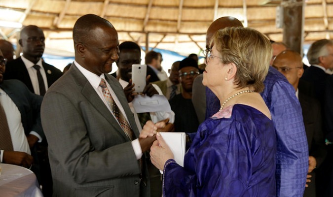 UNMISS SRSG  Ellen Margrethe Loej (R) shakes hand with the FVP Tabab Gai at the Diplomatic farewell reception organized in Juba on 28, 2016 (UNMISS Photo)