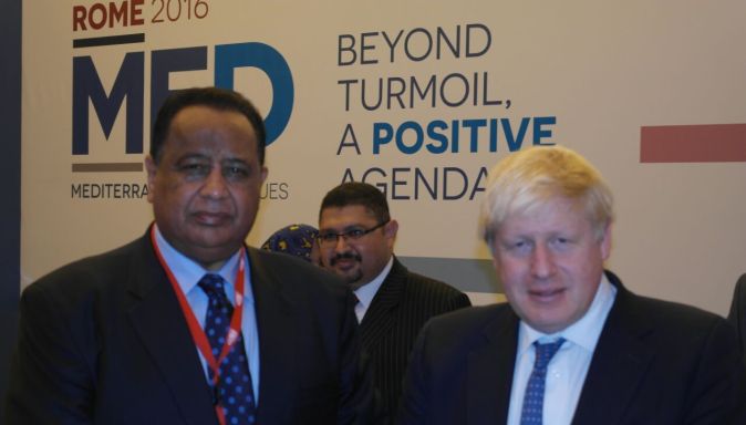 Sudan's Ibrahm Ghandour and British Foreign Secretary Boris Johnson pose for a picture in Rome on 1 December 2016 (ST Photo)