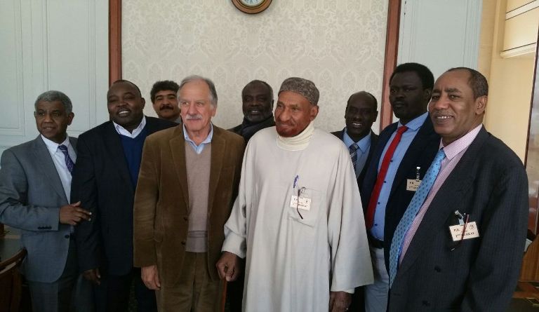 French MP Noel Mamere and NUP leader Sadiq al-Mahdi pose for a collective picture with Darfur rebel leaders Abdel Wahid al-Nur, Minni Minnawi and Gibril Ibrahim and al-Tom Hajo of the DUP at the French parliament on 18 Jan 2017 (ST Photo)