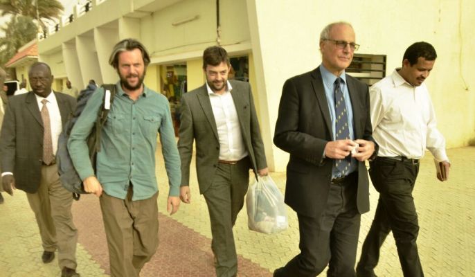 In this picture released by the Sudanese government, Philip Fox leaving a NISS office in Khartoum with the British Ambassador Michael Aron after his release on Wednesday 1 Feb 2017 (ST Photo)