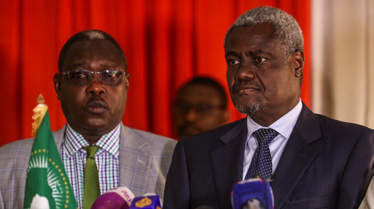 African Union Chairperson Moussa Faki Mohamat, speaking at a press conference in Juba International Airport, Monday March 27, 2017. (UNMISS Photo)