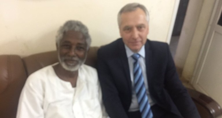 EU envoy Jan Figel (L) visits Mudawi Ibrahim in his custody in Khartoum on 19 March (Photo J. Figel)