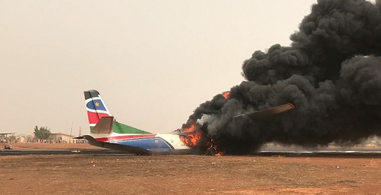 South Supreme Airliner plane burst into flames after crash landing at Wau airport on 20 March 2017 (UNMISS Photo)