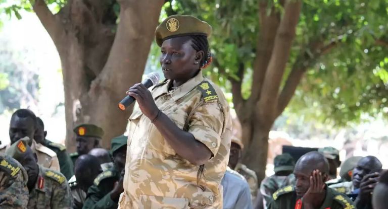 SPLA-N female officer speaks during a meeting with the SPLM-N leadership (unseen) in the Nuba Mountains (ST photo)