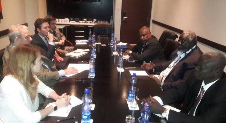 SPLM-N leadership delegation meets the head of the Office of the U.S. Special Envoy for Sudan Paul Stevens in Addis Ababa on 28 April 2017 (ST Photo)