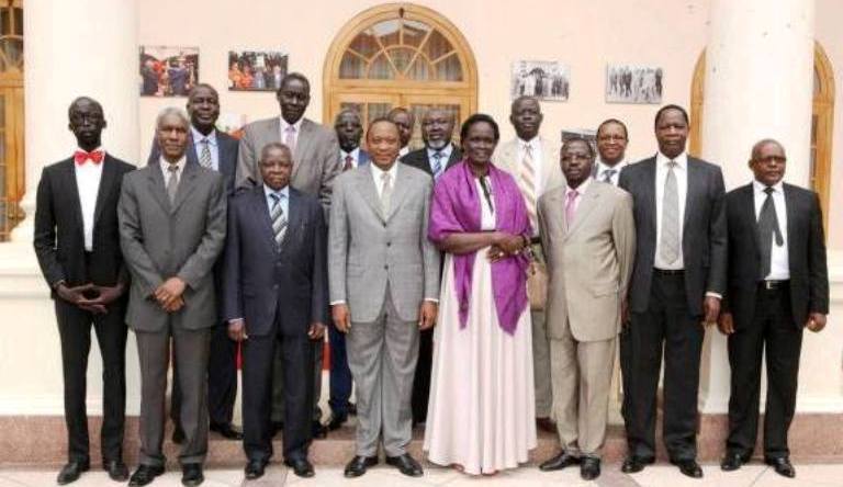 President Kenyatta with 7 South Sudanese former detainees, Rebecca Garang, his son and Dalmas Otieno special envoy for the peace process 12 February 2014