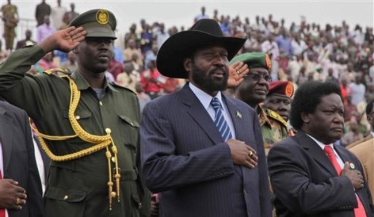 President Salva Kiir, centre, arrives at the John Garang Masoleum in Juba, Sudan, Friday, April 27, 2012, (AP Photo)