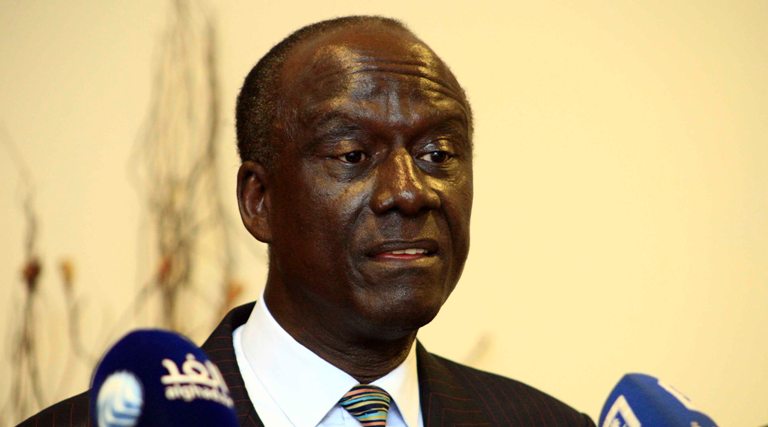 Uganda's Permanent Representative to the African Union, Mull S. Katende  speaks to the press in Khartoum on 18 May 2017 (ST Photo)