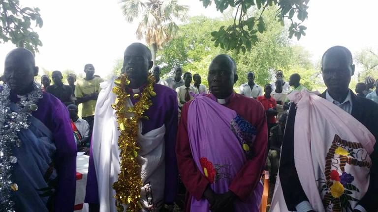Bishop of Wanyjok, Joseph Mamer Manot, enthroned at a religious function in Wau on 10 June 2017 (ST photo)