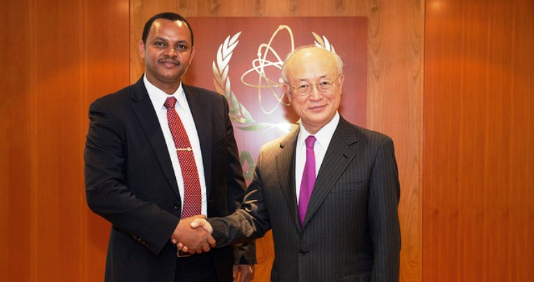 IAEA Director General Yukiya Amano met with Afework Kassu Gizaw, State Minister, Ministry of Science and Technology of Ethiopia, at the IAEA headquarters in Vienna, Austria on 20 December 2016. (IAEA Photo)
