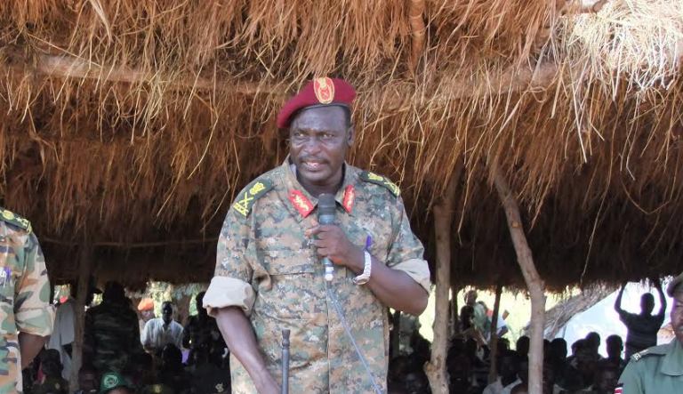 Undated picture extended to ST by the SPLM-N on 16 October 2015 showing the SPLA chief of general staff Lt Gen Gagod Mukwar speaking in a meeting in a rebel controlled area.