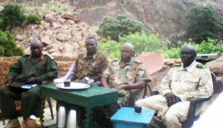 Abdel Aziz Al-Hilu (2ed L) with some of his aides after his arrival in Koda in South Kordofan on 30 June 2017 (ST Photo)
