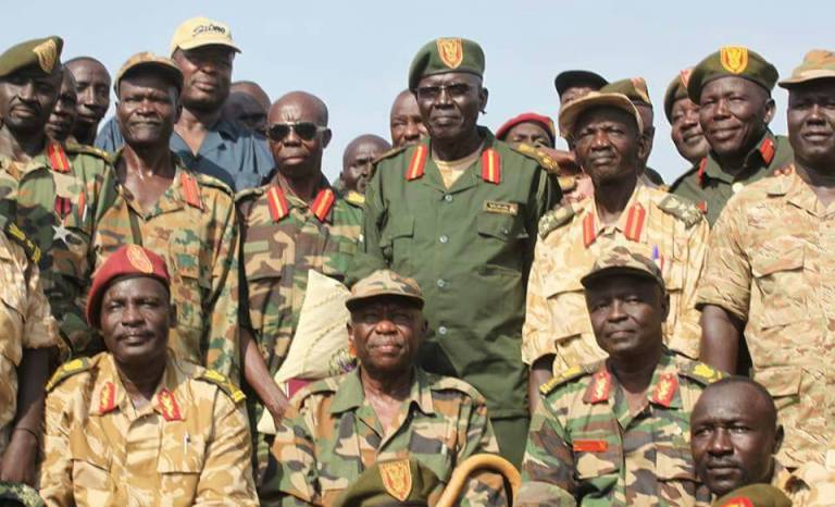 Abdel Aziz al-Hilu flanked by SPLA-N military leaders in the Nuba Mountains on 8 July 2017 (ST Photo)